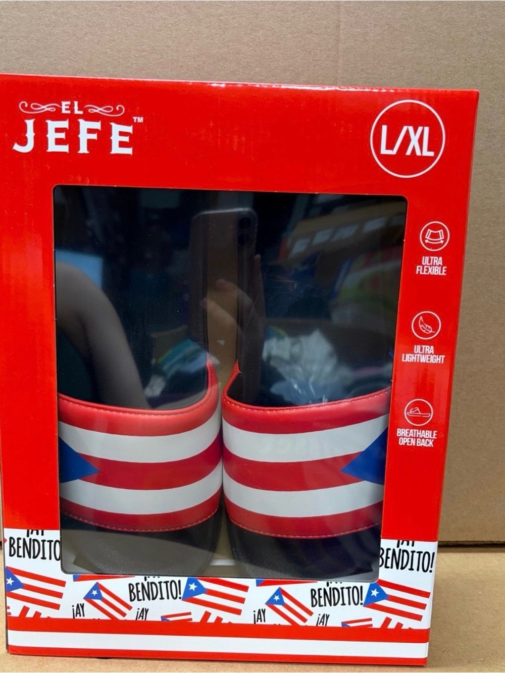 El Jefe L/XL Slide Sandals - Puerto Rican Flag Red, White & Blue